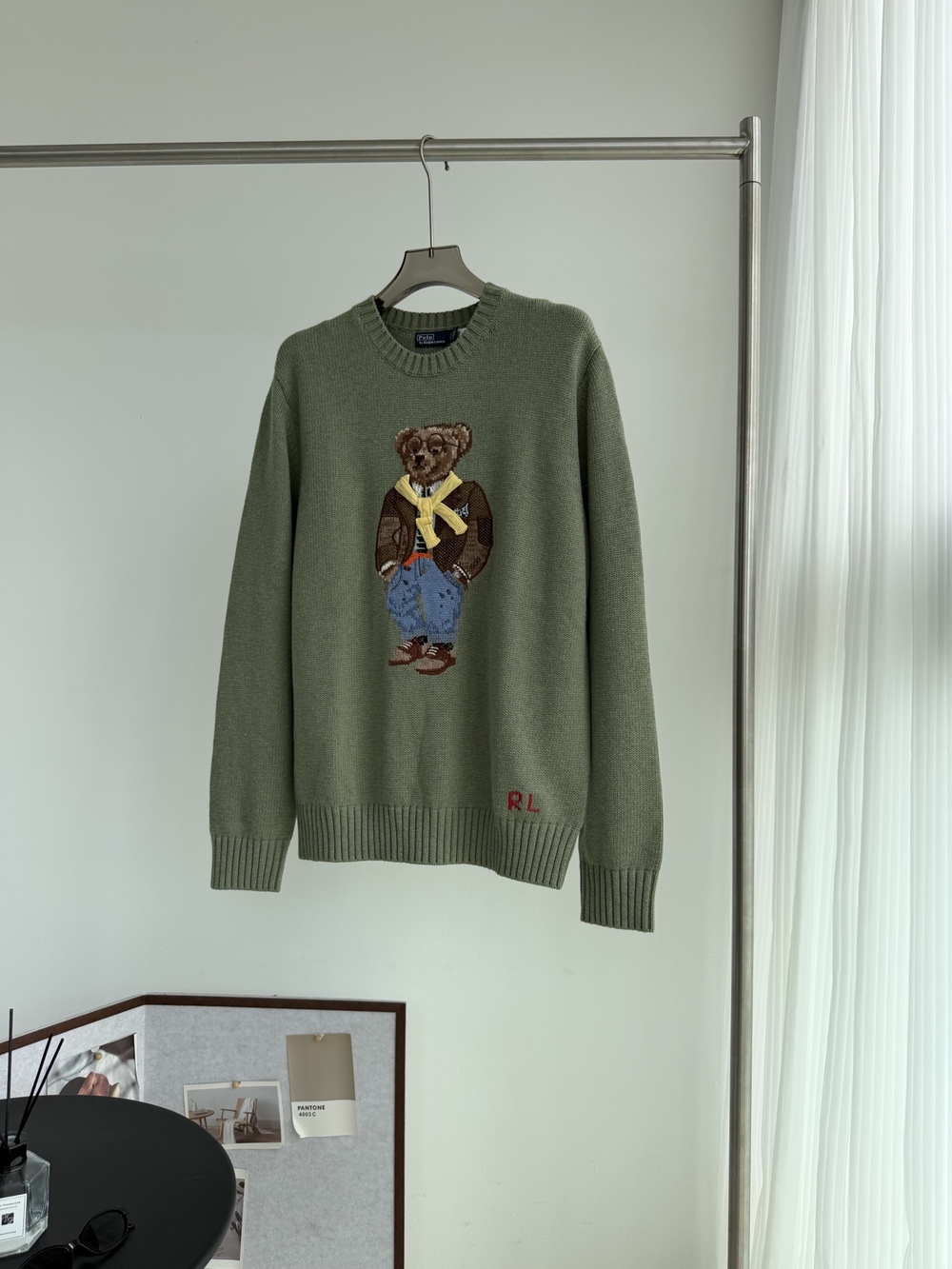 Polo Ralph Lauren Preppy Bear Knit Sweater, Sage Green Cotton Crew Neck Jumper